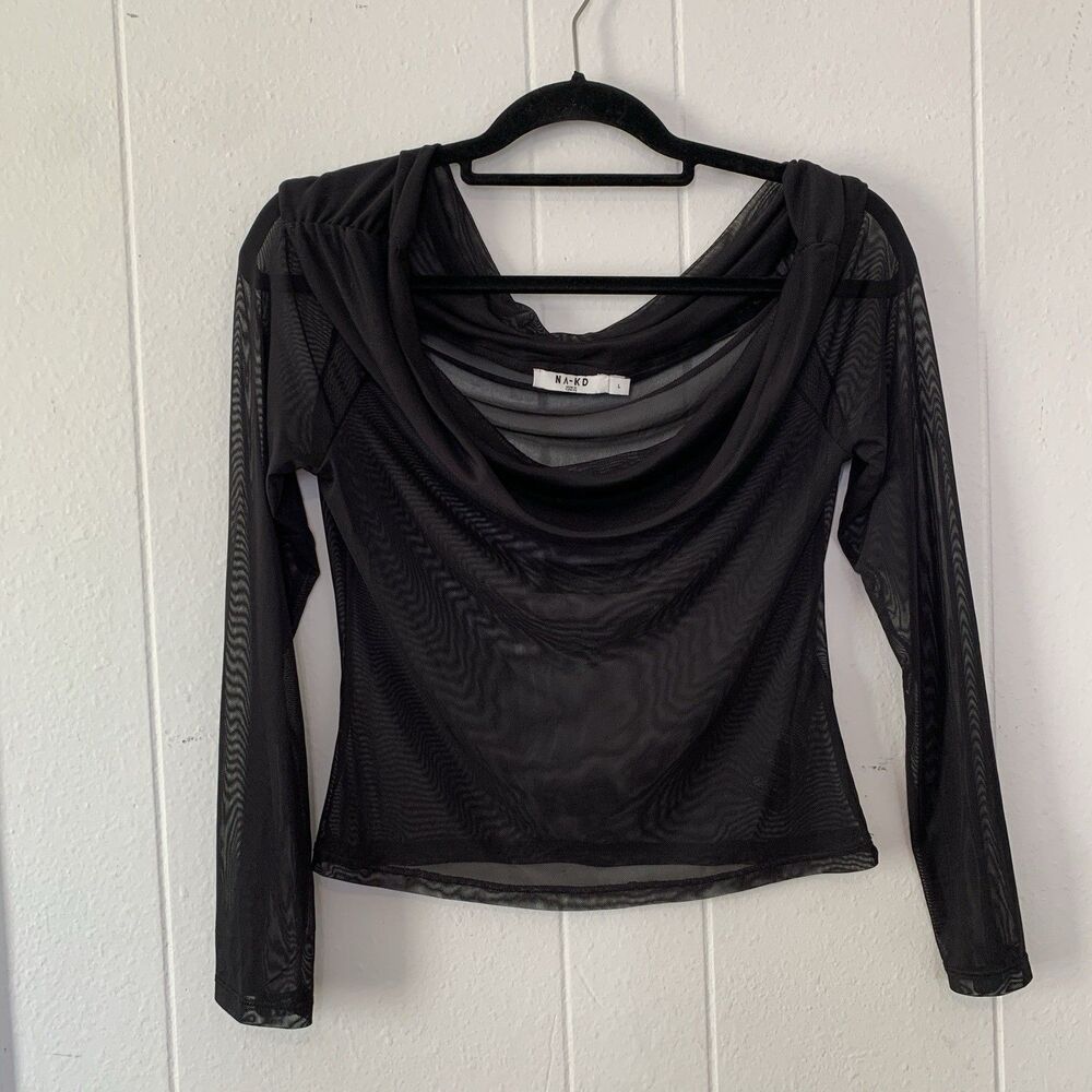 NA-KD Womens Large‎ Shirt Black Mesh Sheer Cowl Neck Long Sleeve Goth Romantic